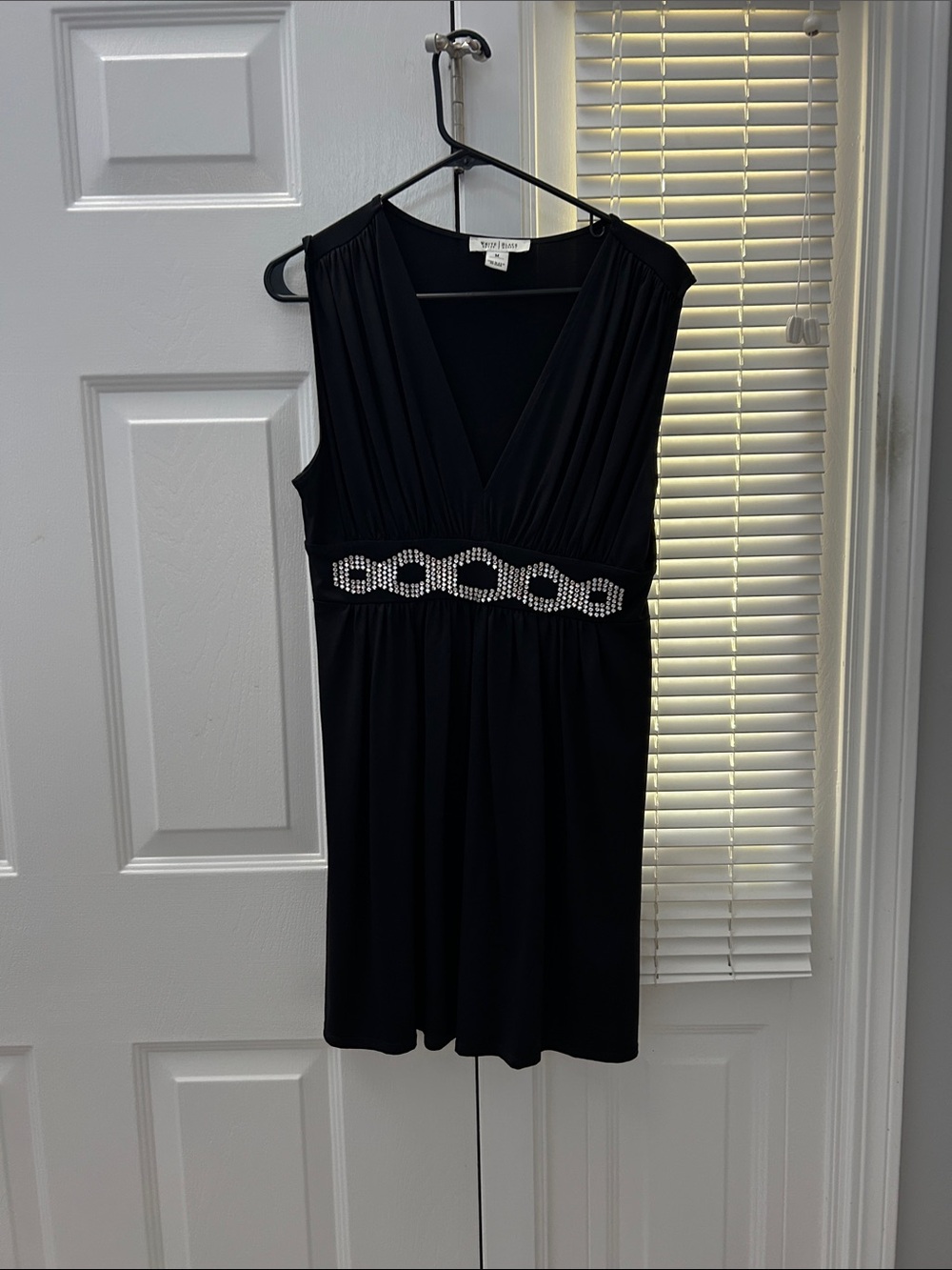 White House Black Market Black Sleeveless V-Neck Mini Dress with Beaded Waist
